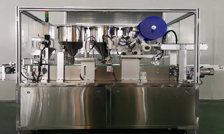 2heads three color BB cream filling machine(linear chain chain slat conveyor) in 2024